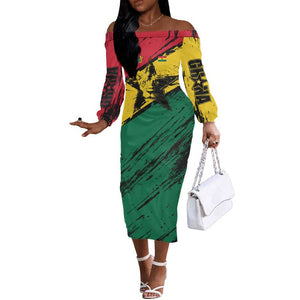 Afro Ghana Lion Off The Shoulder Long Sleeve Dress Star Grunge Style