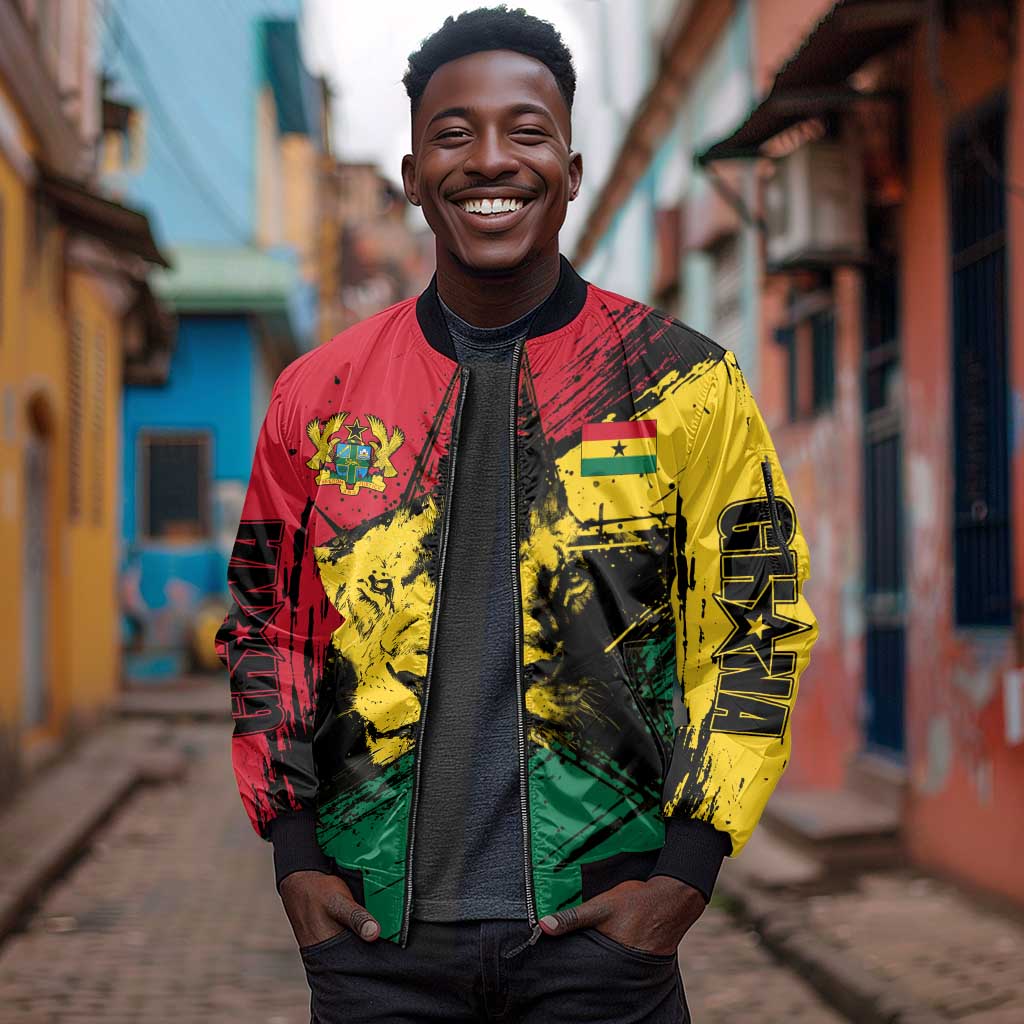 Afro Ghana Lion Sleeve Zip Bomber Jacket Star Grunge Style