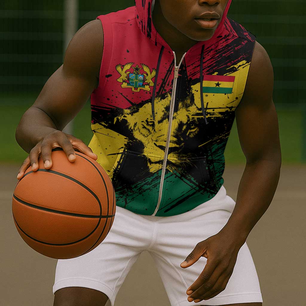 Afro Ghana Lion Sleeveless Zip Hoodie Star Grunge Style - African Pride