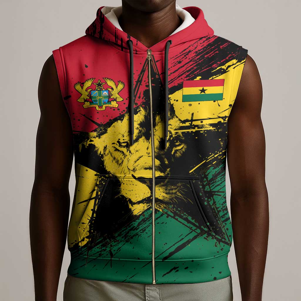 Afro Ghana Lion Sleeveless Zip Hoodie Star Grunge Style - African Pride
