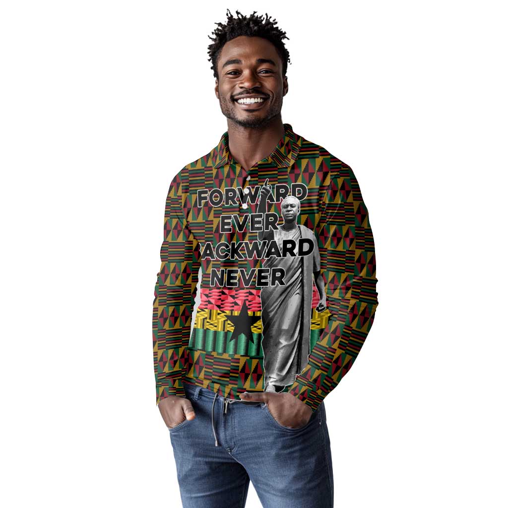 Kwame Nkrumah Ghana Long Sleeve Polo Shirt Kente Pattern African