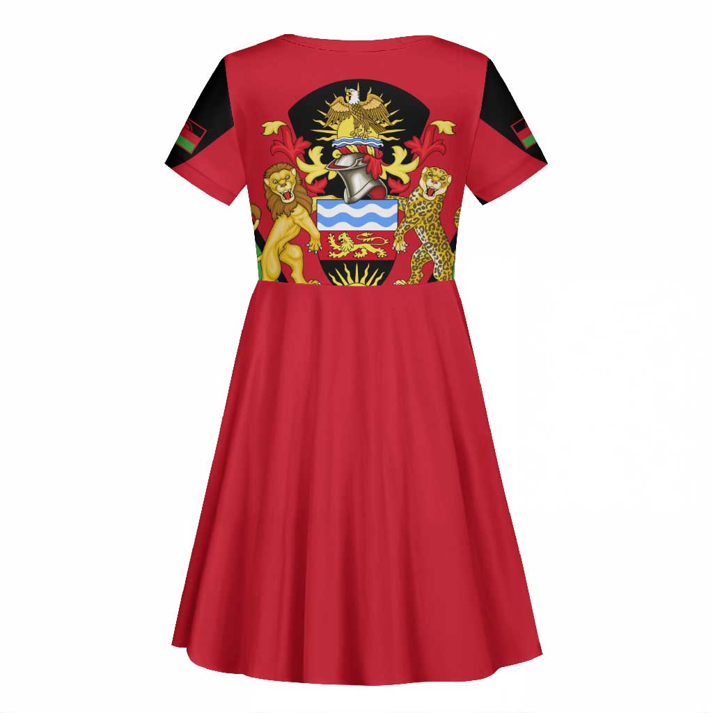 Malawi Kid Short Sleeve Dress Flag Colors Blended with National Emblem