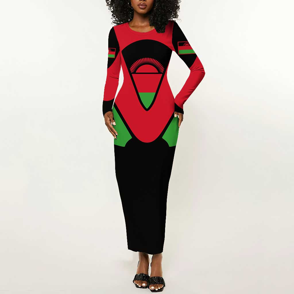 Malawi Long Sleeve Bodycon Dress Flag Colors Blended with National Emblem TS04