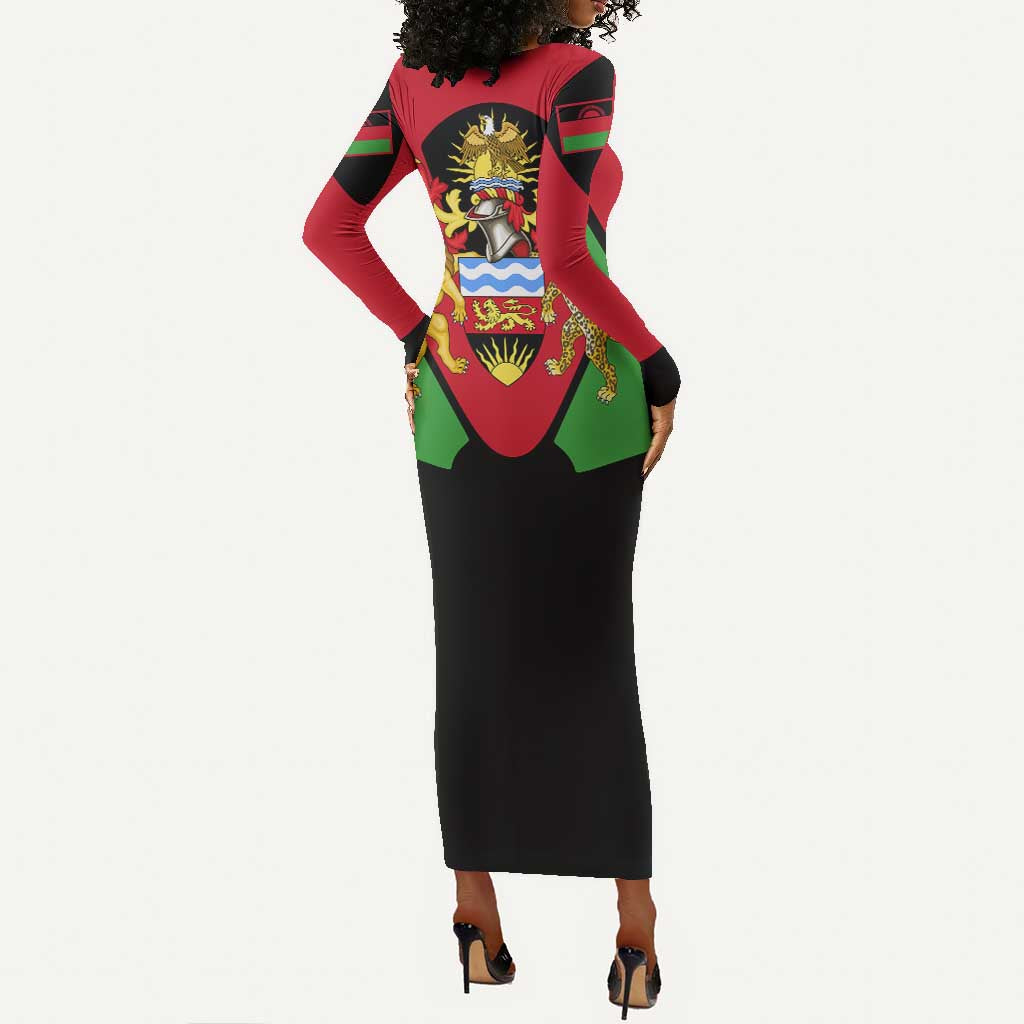 Malawi Long Sleeve Bodycon Dress Flag Colors Blended with National Emblem TS04