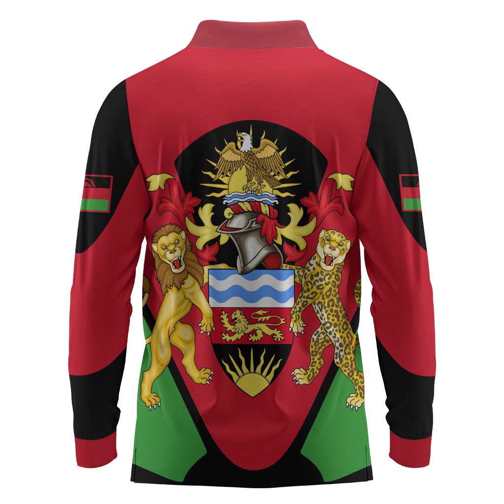 Malawi Long Sleeve Polo Shirt Flag Colors Blended with National Emblem