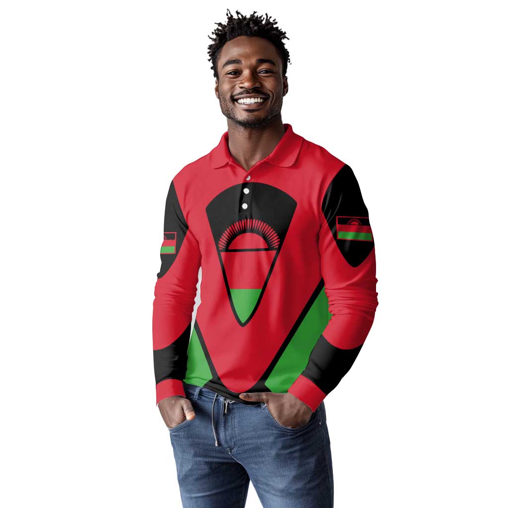 Malawi Long Sleeve Polo Shirt Flag Colors Blended with National Emblem