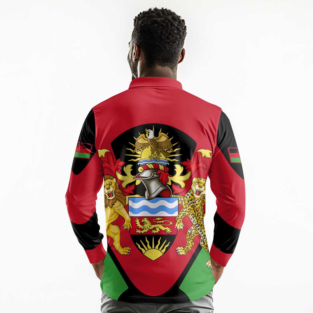 Malawi Long Sleeve Polo Shirt Flag Colors Blended with National Emblem