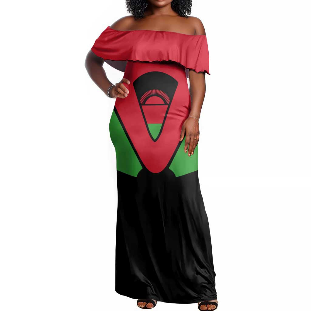 Malawi Off Shoulder Maxi Dress Flag Colors Blended with National Emblem