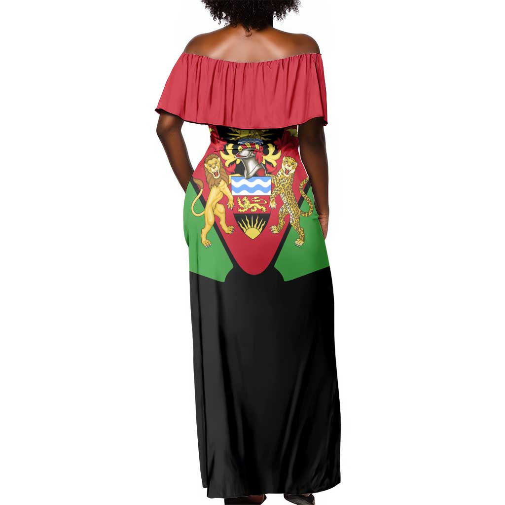 Malawi Off Shoulder Maxi Dress Flag Colors Blended with National Emblem