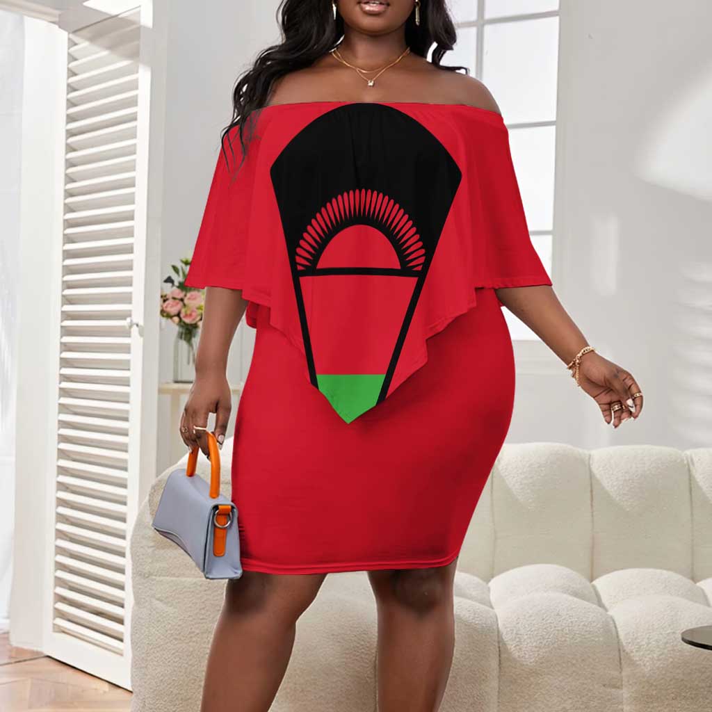 Malawi Off Shoulder Short Dress Flag Colors Blended with National Emblem