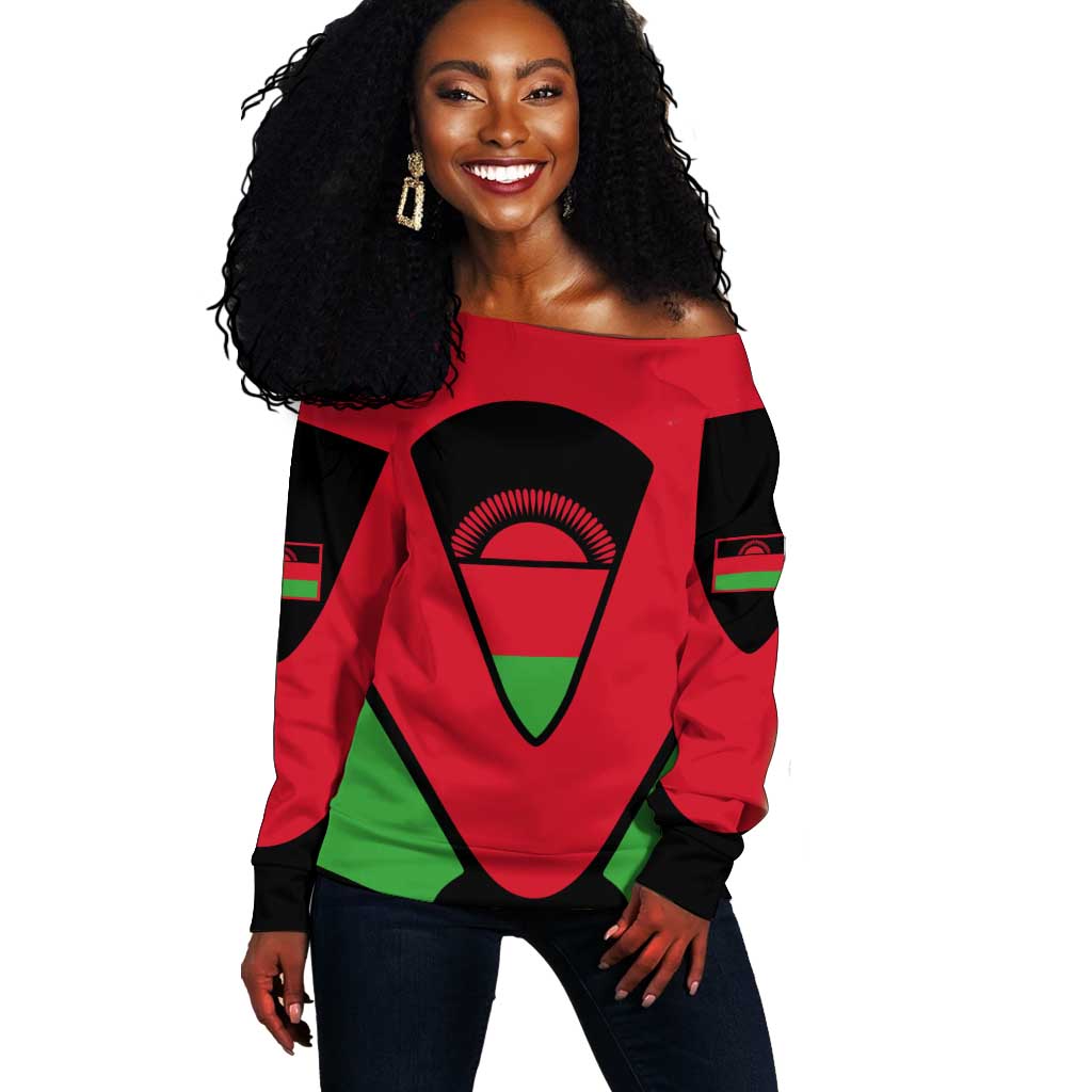 Malawi Off Shoulder Sweater Flag Colors Blended with National Emblem
