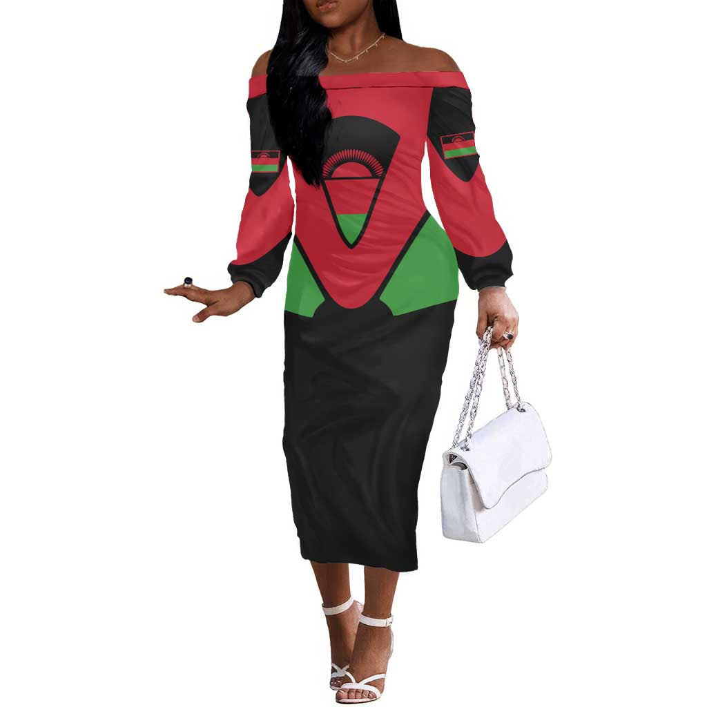Malawi Off The Shoulder Long Sleeve Dress Flag Colors Blended with National Emblem