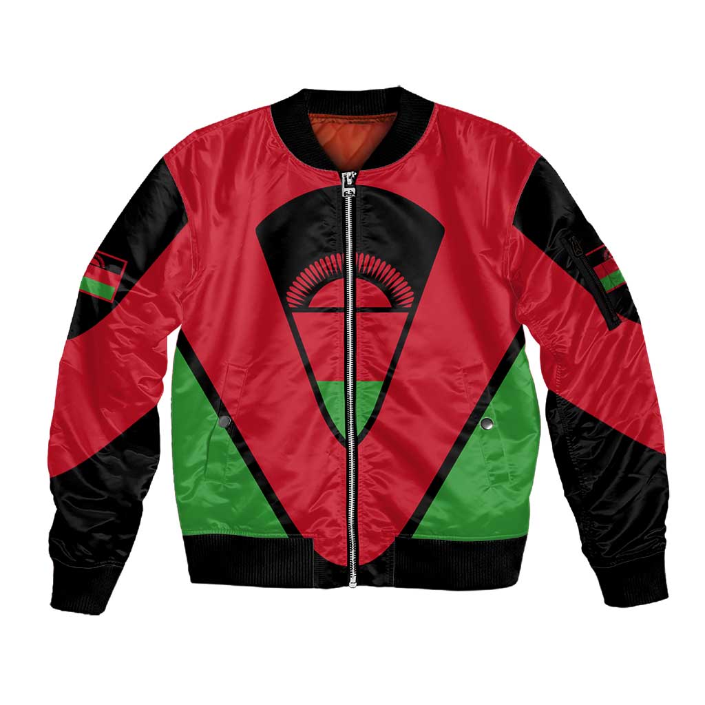 Malawi Sleeve Zip Bomber Jacket Flag Colors Blended with National Emblem