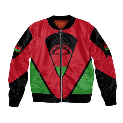 Malawi Sleeve Zip Bomber Jacket Flag Colors Blended with National Emblem
