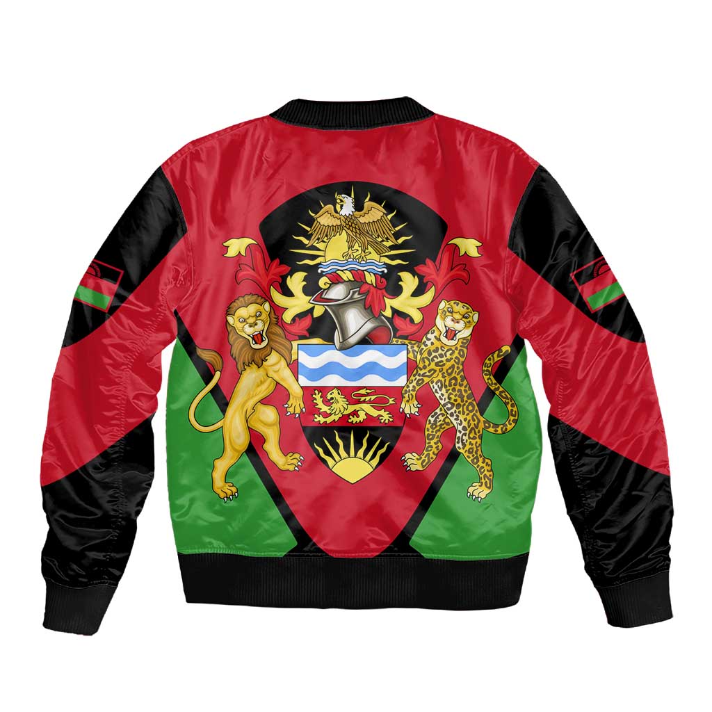 Malawi Sleeve Zip Bomber Jacket Flag Colors Blended with National Emblem