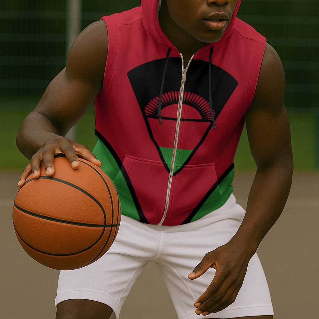 Malawi Sleeveless Zip Hoodie Flag Colors Blended with National Emblem - African Pride