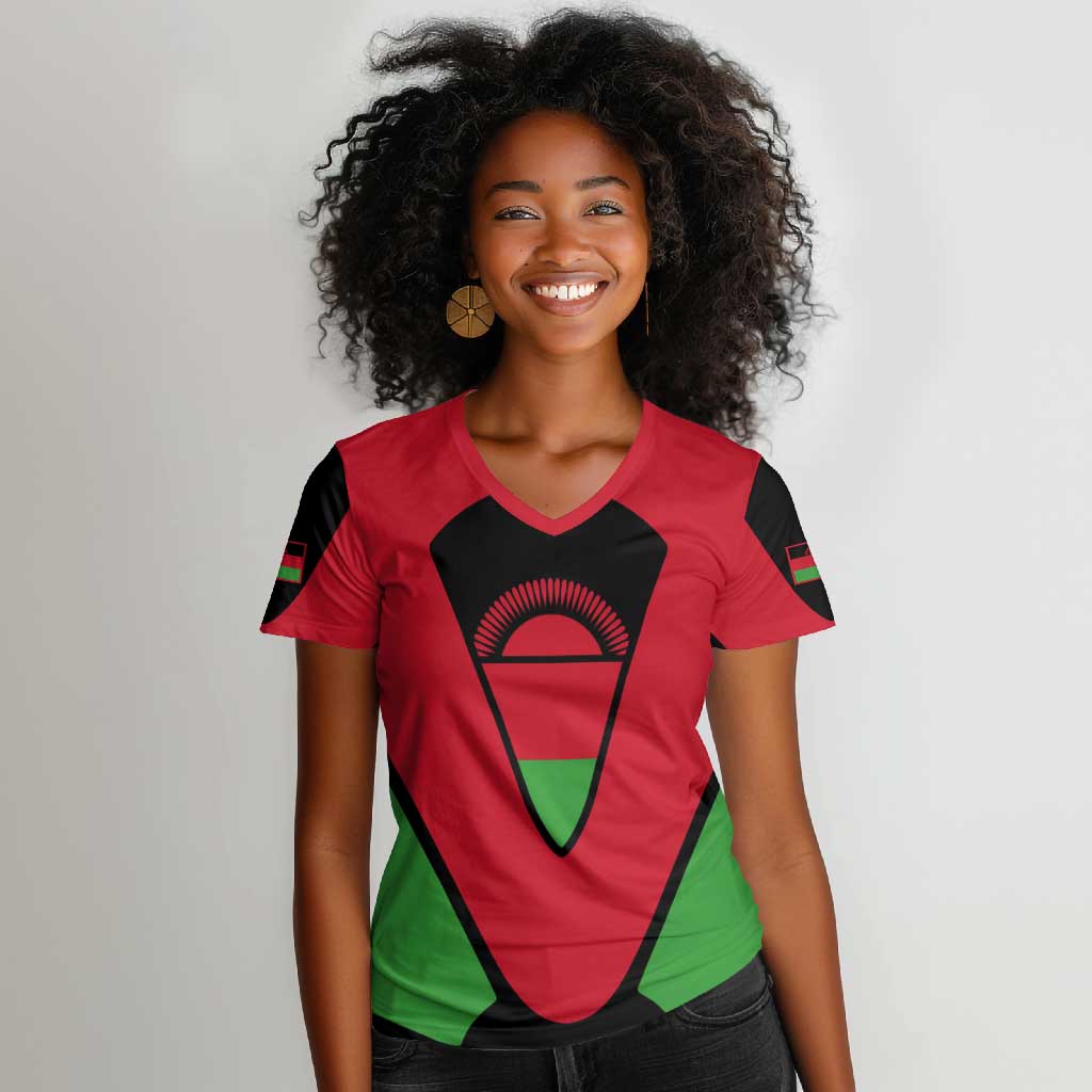 Malawi Women V-Neck T-Shirt Flag Colors Blended with National Emblem
