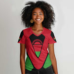 Malawi Women V-Neck T-Shirt Flag Colors Blended with National Emblem