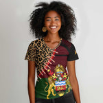 Leopard and Lion Malawi Women V-Neck T-Shirt Unity and Freedom