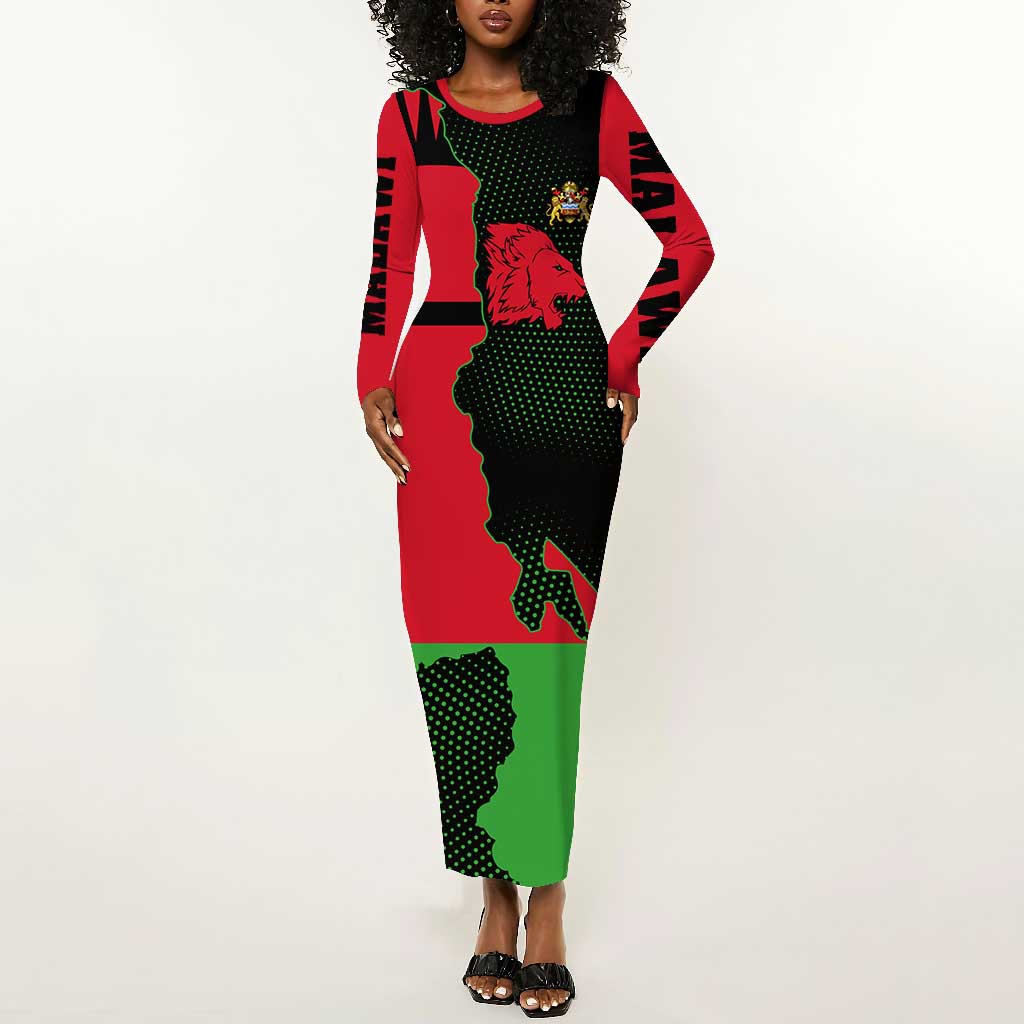 Malawi Lion Map Flag Long Sleeve Bodycon Dress Wildlife Fusion Design TS04