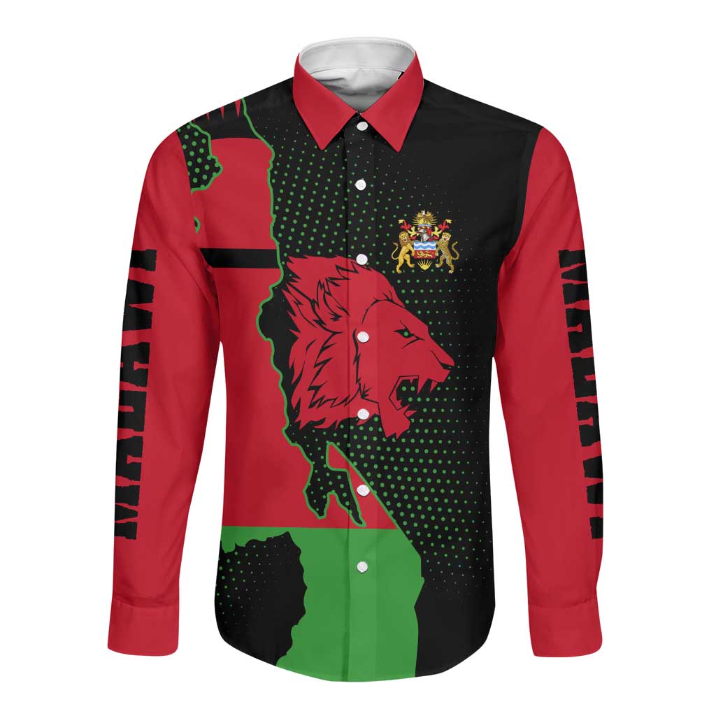 Malawi Lion Map Flag Long Sleeve Button Shirt Wildlife Fusion Design