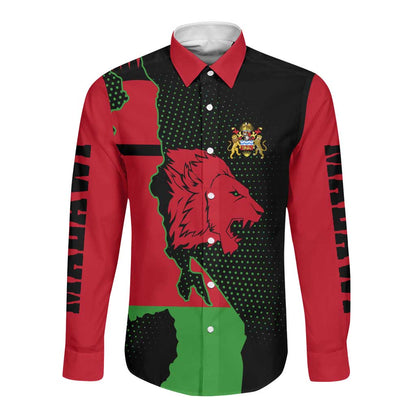 Malawi Lion Map Flag Long Sleeve Button Shirt Wildlife Fusion Design