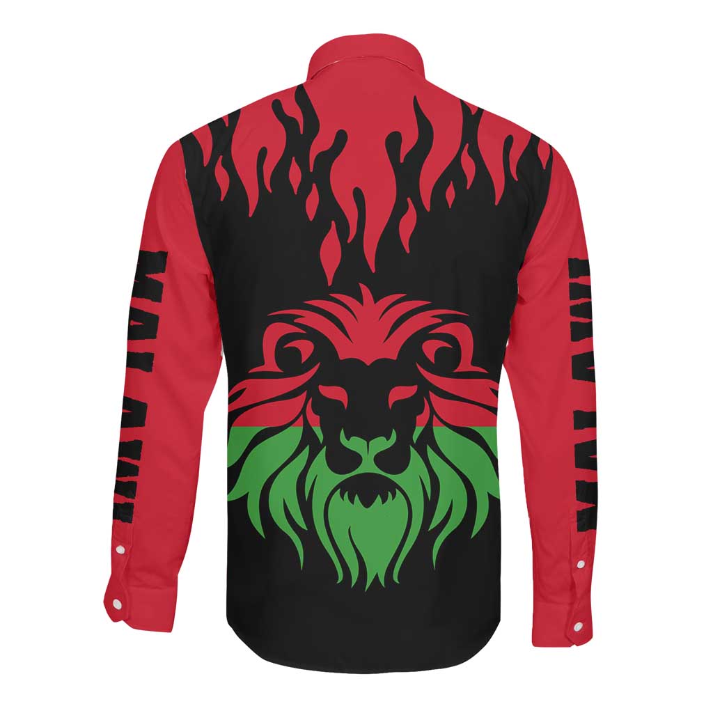 Malawi Lion Map Flag Long Sleeve Button Shirt Wildlife Fusion Design