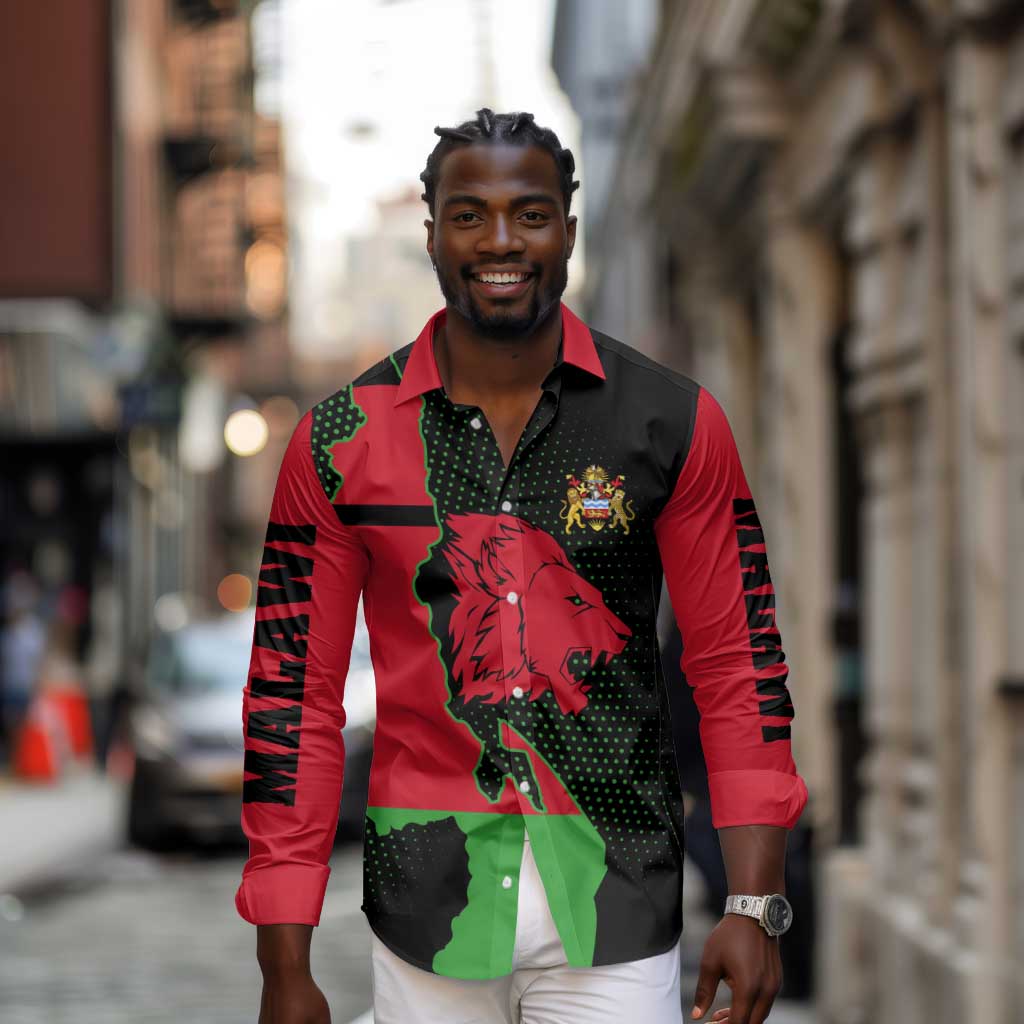 Malawi Lion Map Flag Long Sleeve Button Shirt Wildlife Fusion Design