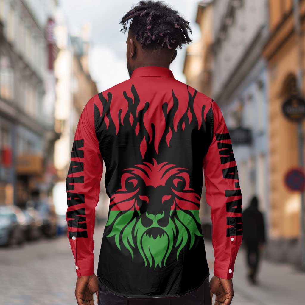 Malawi Lion Map Flag Long Sleeve Button Shirt Wildlife Fusion Design