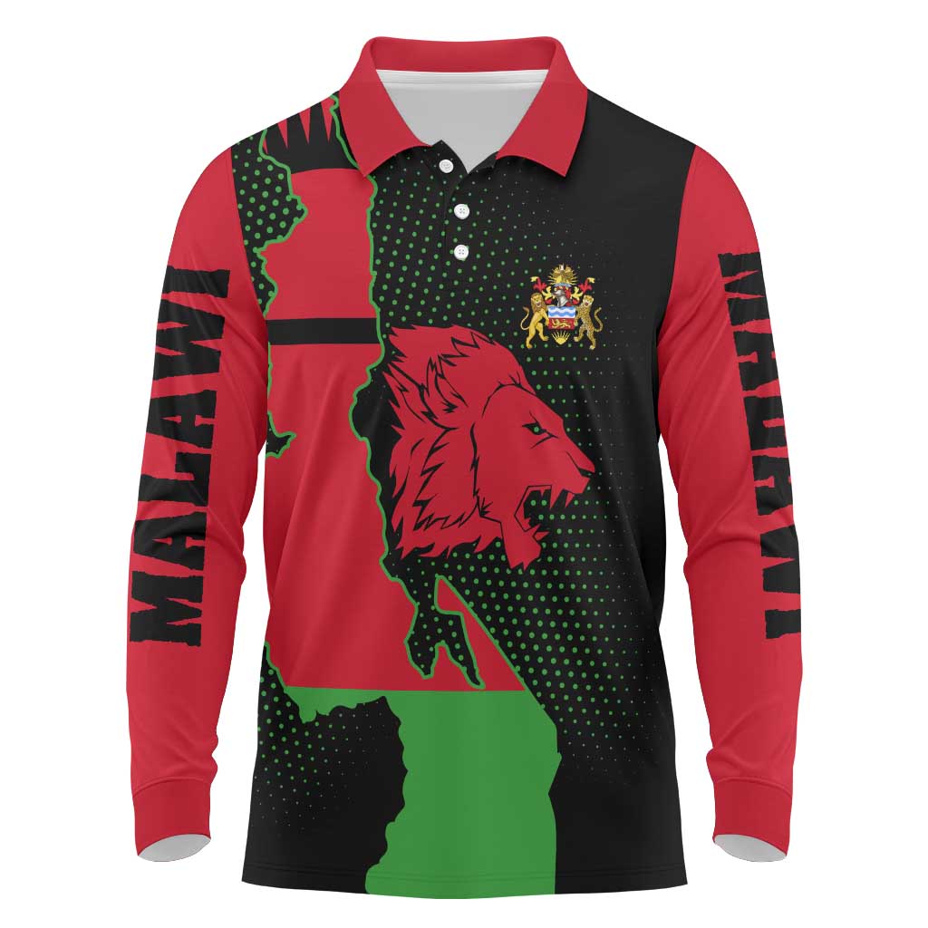 Malawi Lion Map Flag Long Sleeve Polo Shirt Wildlife Fusion Design
