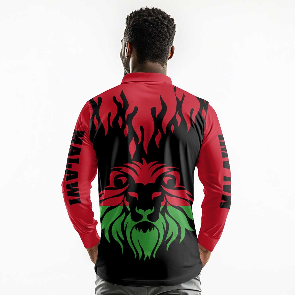 Malawi Lion Map Flag Long Sleeve Polo Shirt Wildlife Fusion Design