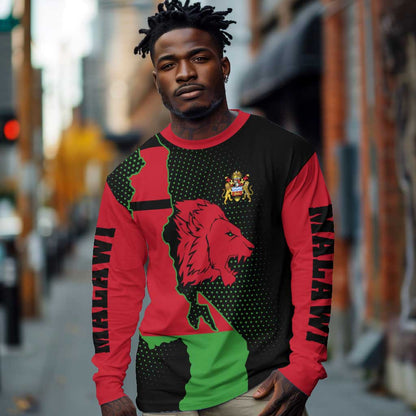 Malawi Lion Map Flag Long Sleeve Shirt Wildlife Fusion Design