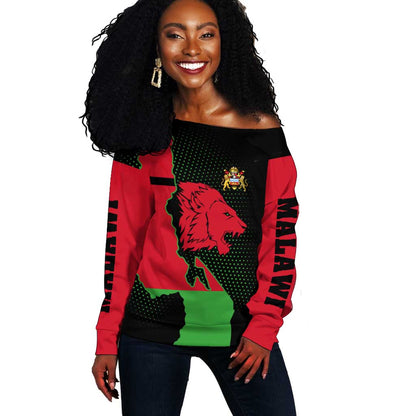 Malawi Lion Map Flag Off Shoulder Sweater Wildlife Fusion Design