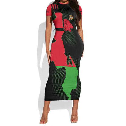 Malawi Lion Map Flag Short Sleeve Bodycon Dress Wildlife Fusion Design TS04