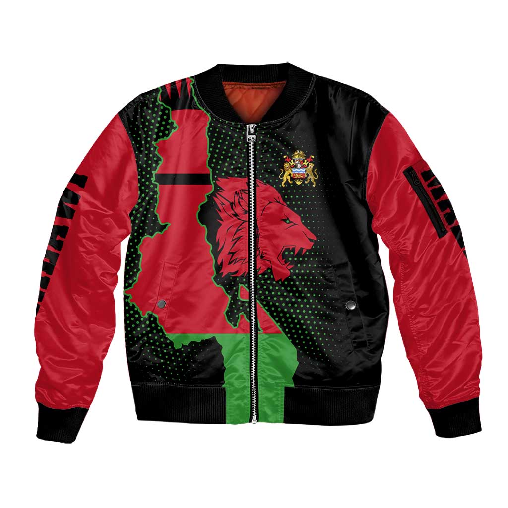 Malawi Lion Map Flag Sleeve Zip Bomber Jacket Wildlife Fusion Design