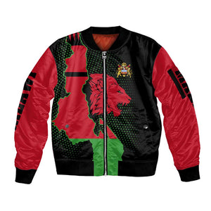 Malawi Lion Map Flag Sleeve Zip Bomber Jacket Wildlife Fusion Design