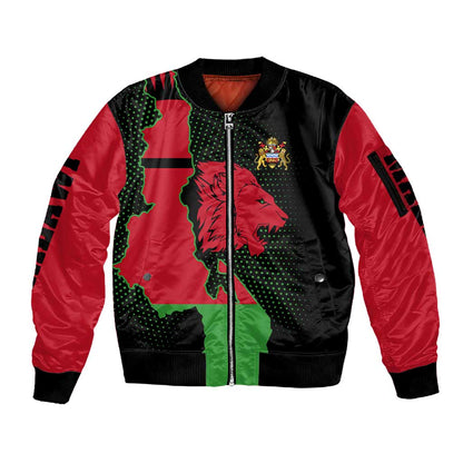 Malawi Lion Map Flag Sleeve Zip Bomber Jacket Wildlife Fusion Design