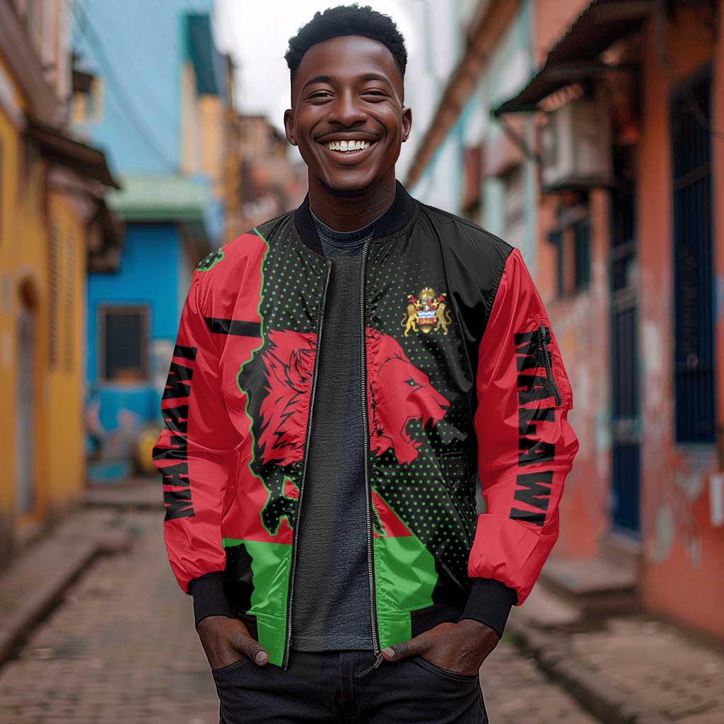 Malawi Lion Map Flag Sleeve Zip Bomber Jacket Wildlife Fusion Design