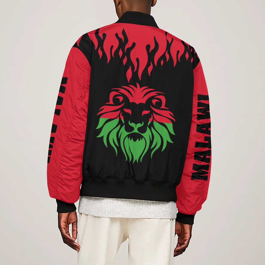 Malawi Lion Map Flag Sleeve Zip Bomber Jacket Wildlife Fusion Design