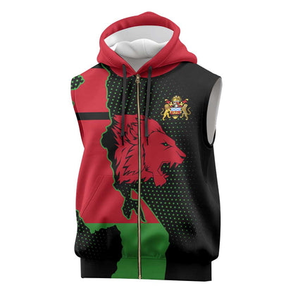 Malawi Lion Map Flag Sleeveless Zip Hoodie Wildlife Fusion Design - African Pride