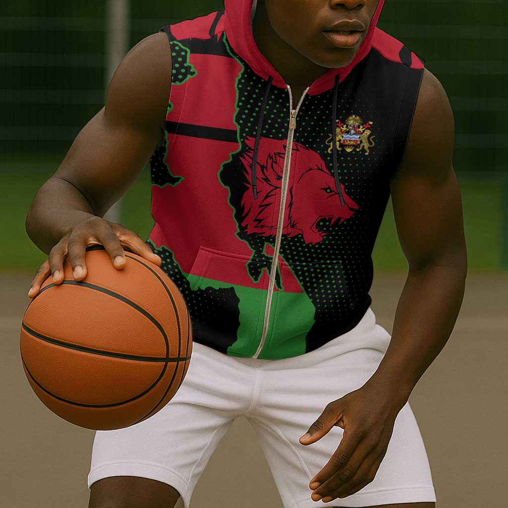 Malawi Lion Map Flag Sleeveless Zip Hoodie Wildlife Fusion Design - African Pride