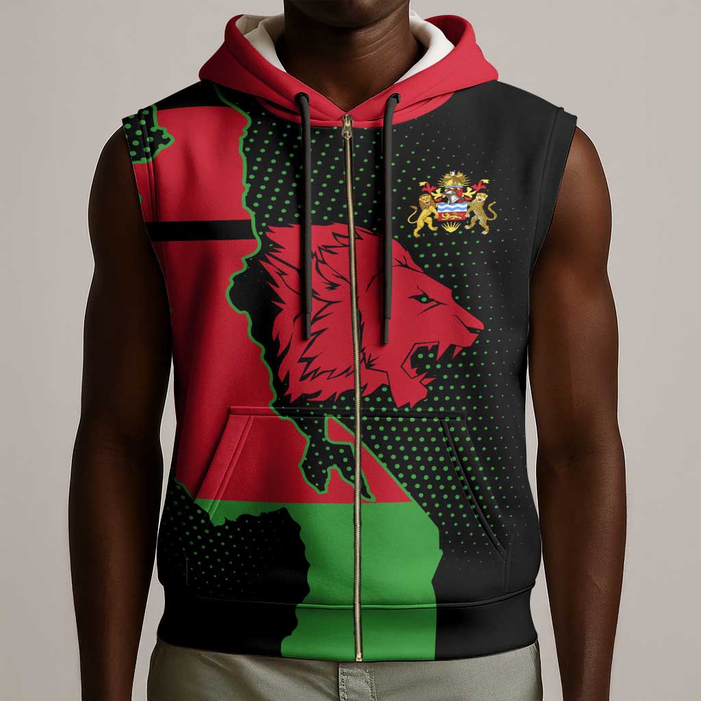 Malawi Lion Map Flag Sleeveless Zip Hoodie Wildlife Fusion Design - African Pride