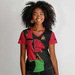 Malawi Lion Map Flag Women V-Neck T-Shirt Wildlife Fusion Design