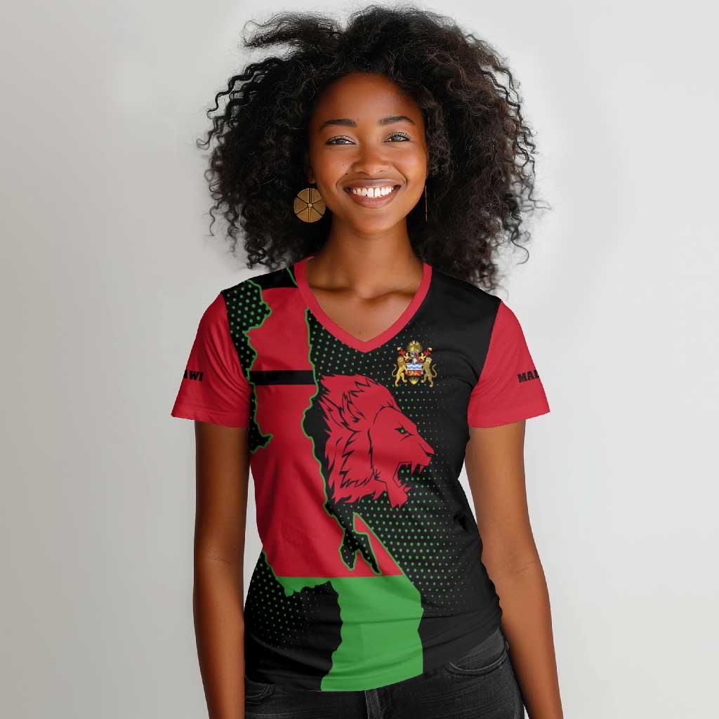 Malawi Lion Map Flag Women V-Neck T-Shirt Wildlife Fusion Design
