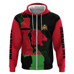 Malawi Lion Map Flag Zip Hoodie Wildlife Fusion Design
