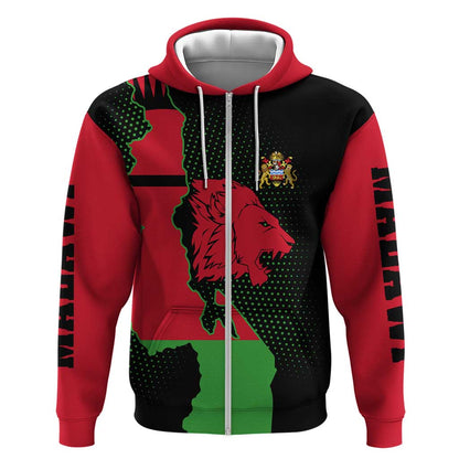 Malawi Lion Map Flag Zip Hoodie Wildlife Fusion Design