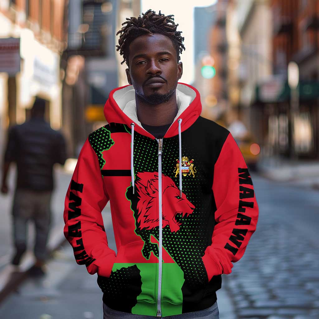 Malawi Lion Map Flag Zip Hoodie Wildlife Fusion Design