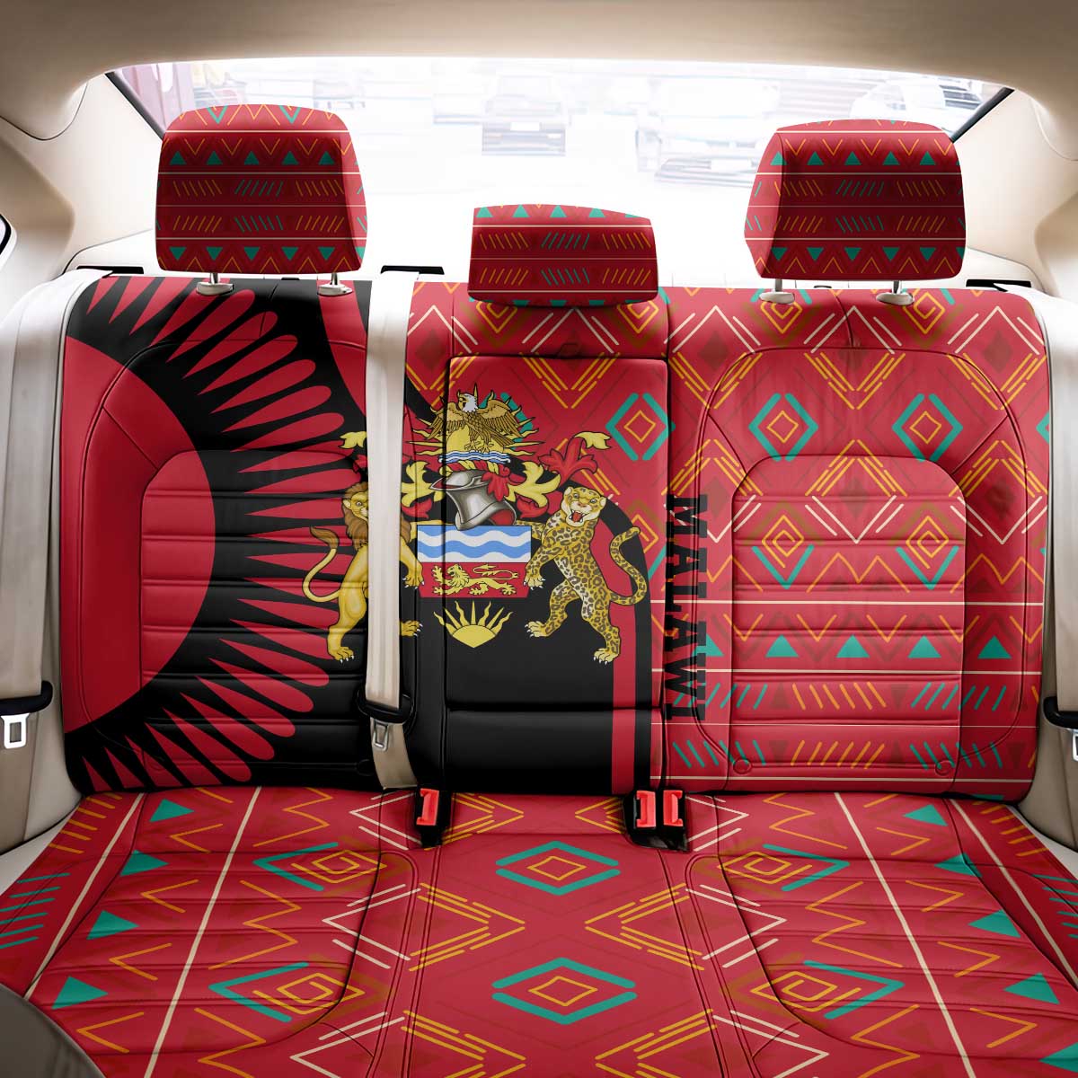 Malawi Patterns African Back Car Seat Cover Blended with Flag Colors and National Emblem