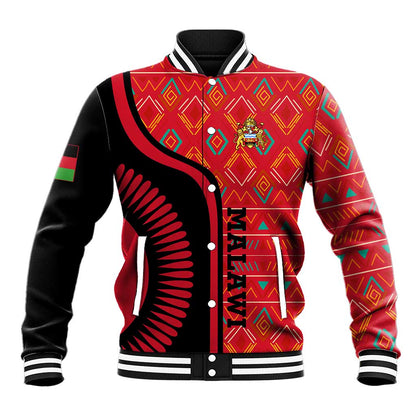 Malawi Patterns African Baseball Jacket Blended with Flag Colors and National Emblem