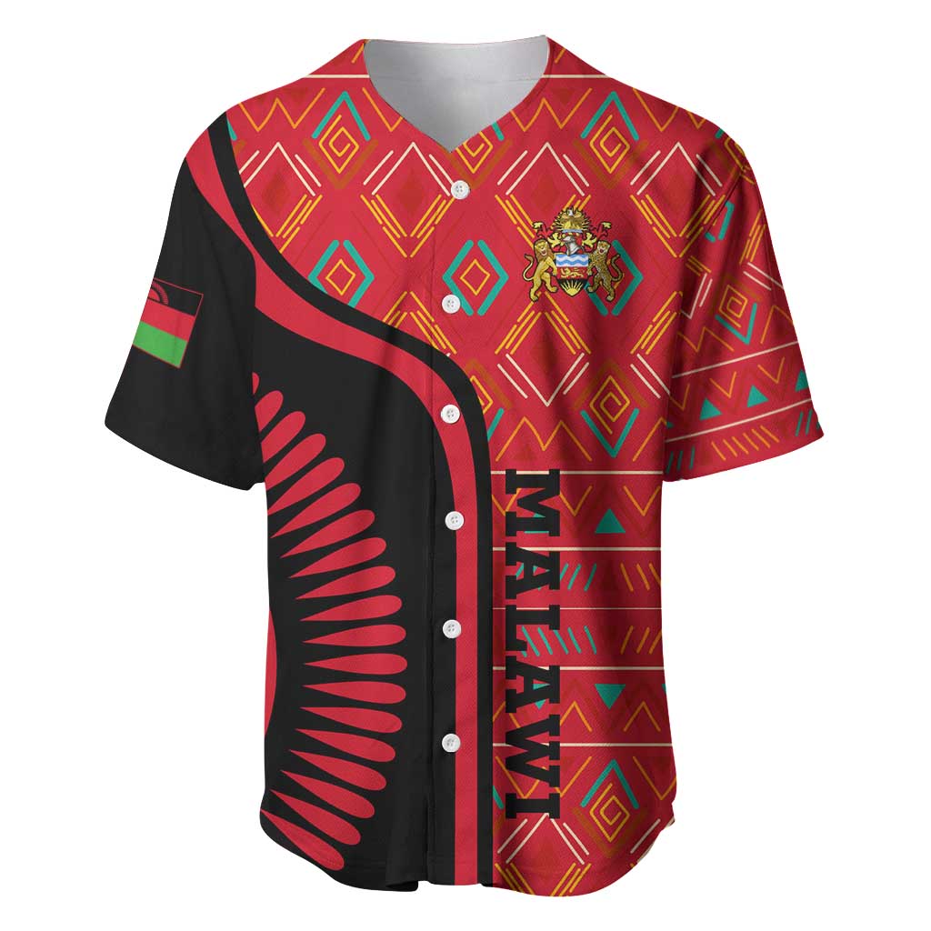 Malawi Patterns African Baseball Jersey Blended with Flag Colors and National Emblem